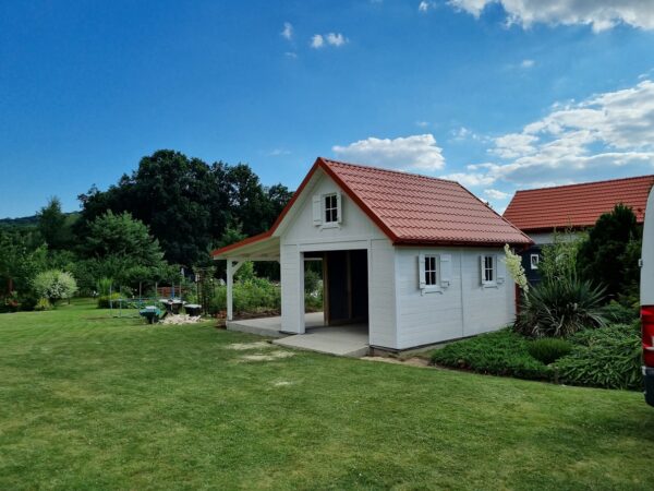 Garaż drewniany 6x4 z wiatą 3 m | Dwustanowiskowy | Styl skandynawski