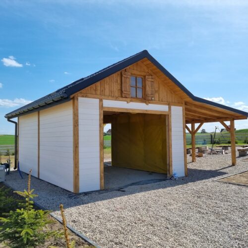 Garaż drewniany 6x4 z wiatą 3m | Blachodachówka | Rynny