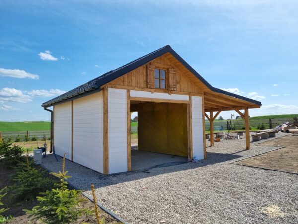 Garaż drewniany 6x4 z wiatą 3m | Blachodachówka | Rynny