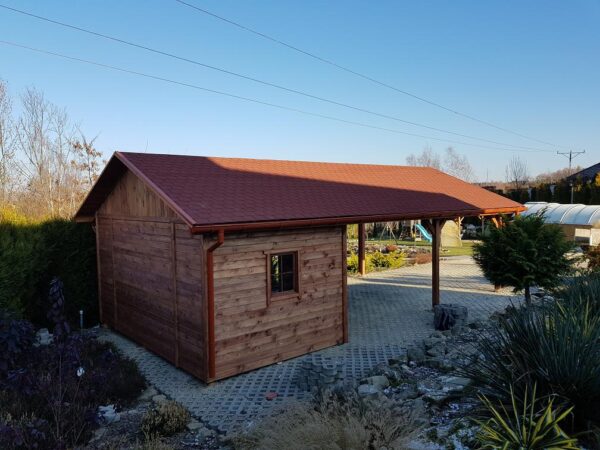 Wiata samochodowa 5x6m drewniana z budynkiem gospodarczym | Altana | Gont