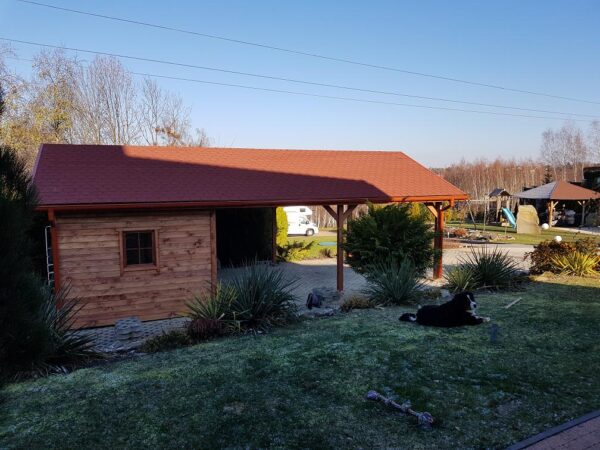 Wiata samochodowa 5x6m drewniana z budynkiem gospodarczym | Altana | Gont