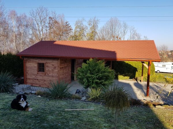Wiata samochodowa 5x6m drewniana z budynkiem gospodarczym | Altana | Gont