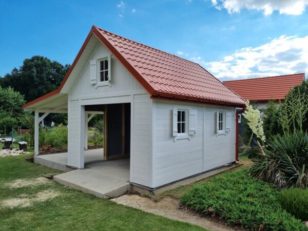 Garaż drewniany 6x4 z wiatą 3 m | Dwustanowiskowy | Styl skandynawski