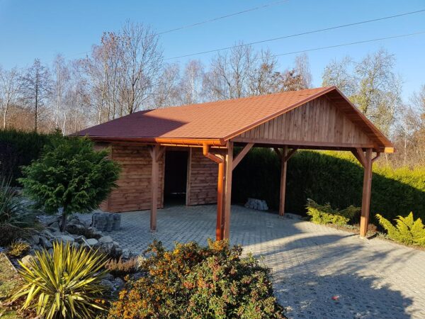 Wiata samochodowa 5x6m drewniana z budynkiem gospodarczym | Altana | Gont