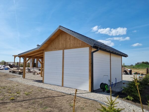 Garaż drewniany 6x4 z wiatą 3m | Blachodachówka | Rynny